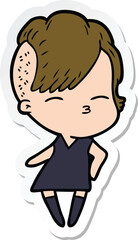 sticker of a cartoon squinting girl in dress