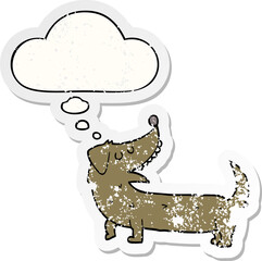 cartoon dog and thought bubble as a distressed worn sticker