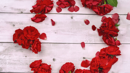 red roses on white wooden background. copy space