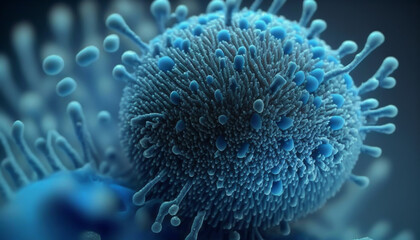 Macro close up shot of bacteria and virus cells in a scientific laboratory petri dish. Generative AI