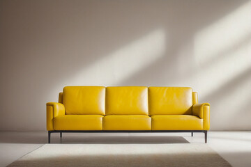 Yellow leather couch sitting in a room with a white wall and a rug on the floor, morning light from the window. Single modern yellow sofa on white backgrnd front view. Generative AI technology.