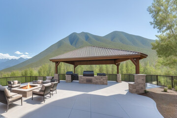 Outdoor living area with built-in grill, comfortable seating area. Space is surrounded by lush greenery and  beautiful view of mountains in the distance. AI technology.