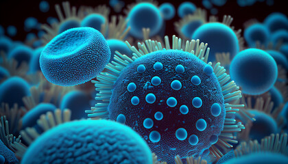 close up of 3d microscopic blue bacteria. Generative AI