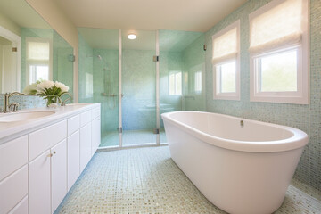 Fototapeta na wymiar Bathroom is spa-like with big tub and glass-enclosed shower. Beautiful mosaic pattern, large window, complementing colors. Generative AI technology