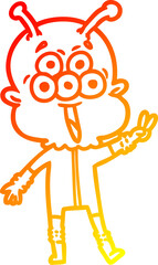warm gradient line drawing happy cartoon alien waving peace gesture
