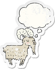 cartoon goat and thought bubble as a distressed worn sticker