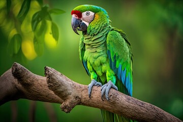 Fototapeta premium Green parrot Great Green Macaw, Ara ambigua. In Costa Rica, a rare and wild bird is sitting on a branch in the wild. Generative AI