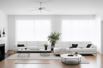 Big living room with modern minimalist design, two large windows, white walls and two white couches. Round tables and plant. Generative AI technology
