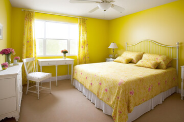 Bedroom with bright yellow floral queen-sized bed. Walls are painted in a warm shade of yellow, desk and chair under window. Generative AI technology