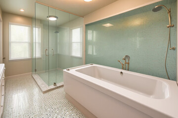 Large bathroom  with big tub and glass-enclosed shower. Walls are tiled in sea mosaic pattern. 
Window in bathroom , complementing colors. Generative AI technology