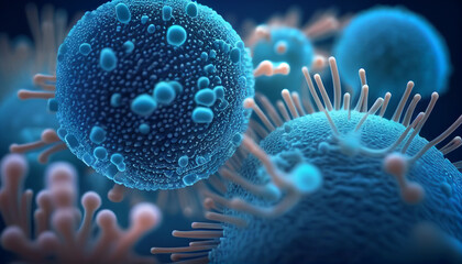 close up of 3d microscopic blue bacteria. Generative AI