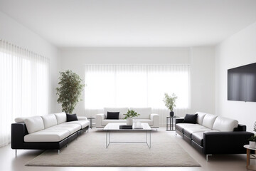 Naklejka na ściany i meble Big living room with modern minimalist design , three black and white couches, two large windows, white walls and TV on wall. Generative AI technology