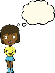 cartoon excited woman with thought bubble