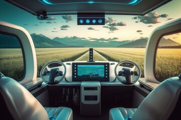 Cab of driverless vehicle. AI technology generated image