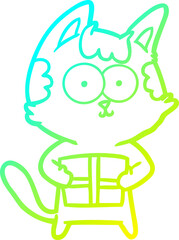 cold gradient line drawing happy cartoon cat with present