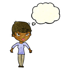 cartoon woman shrugging shoulders with thought bubble