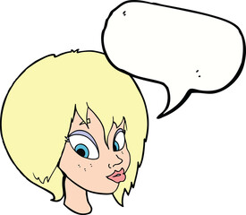 cartoon pretty female face pouting with speech bubble
