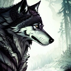 Wolf Profile In Forest Twilight Illustration - Generative A.I Art