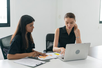 business meetings work with a group for develop marketing analytics. Business people, documents and meeting in marketing strategy, advertising or corporate statistics at the office..