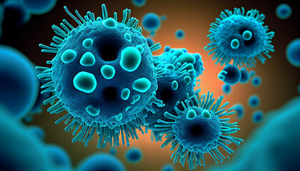 Macro close up shot of bacteria and virus cells in a scientific laboratory petri dish. Generative AI