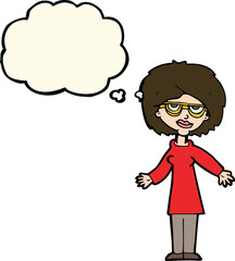 cartoon woman wearing glasses with thought bubble