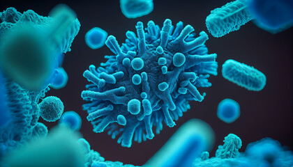 close up of 3d microscopic blue bacteria. Generative AI