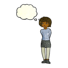 cartoon shy woman with thought bubble