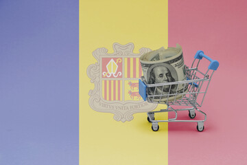 Metal shopping basket with dollar money banknote on the national flag of andorra background. consumer basket concept. 3d illustration