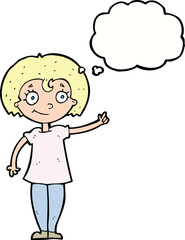 cartoon happy woman pointing with thought bubble