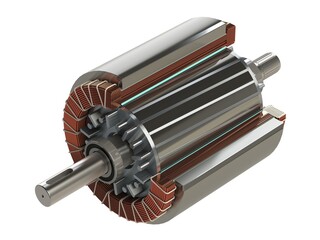 Electric motor stator and rotor part section view, isolated on white background