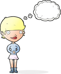 cartoon friendly woman with thought bubble