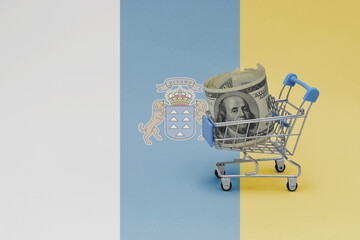 Metal shopping basket with dollar money banknote on the national flag of canary islands background. consumer basket concept. 3d illustration