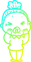 cold gradient line drawing cartoon angry old woman
