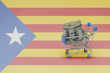 Metal shopping basket with dollar money banknote on the national flag of catalonia background. consumer basket concept. 3d illustration