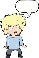 cartoon frightened boy with speech bubble