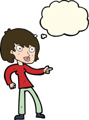 cartoon woman pointing with thought bubble