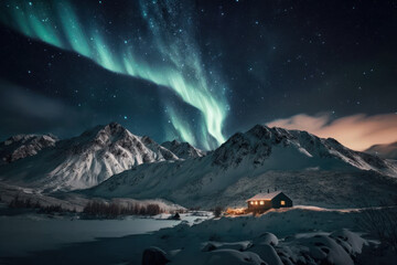 Fototapeta na wymiar A hut at snow mountain on aurora and star sky abstract background. Generative ai