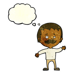 cartoon man with mustache waving with thought bubble