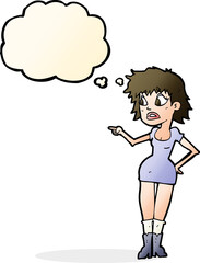 cartoon worried woman in dress pointing with thought bubble