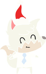 flat color illustration of a friendly fox wearing santa hat