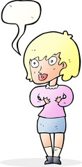 cartoon woman making Who Me? gesture with speech bubble