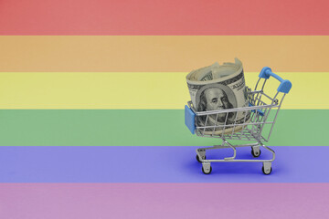 Metal shopping basket with dollar money banknote on the rainbow gay pride flag of background. consumer basket concept. 3d illustration