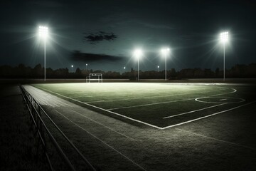 General grass stadium lit by spotlights and open green grass playground.AI technology generated image