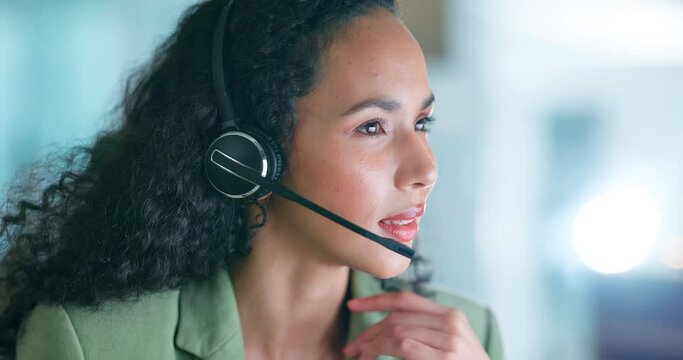 Advice, call center and night with woman in office for customer service, technical support or hotline. Contact us, communication and advisory with female consultant talking for sale, crm or overtime