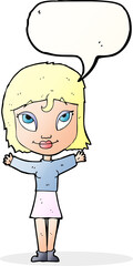 cartoon woman with open arms with speech bubble