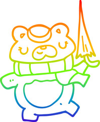 rainbow gradient line drawing cartoon bear with umbrella