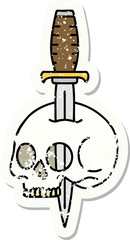 traditional distressed sticker tattoo of a skull and dagger