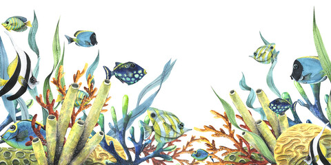 Bright reef fish with corals, sea sponges and algae. Watercolor illustration. Template from the collection TROPICAL FISHES. For decoration and design of summer and beach prints, stickers © NATASHA-CHU