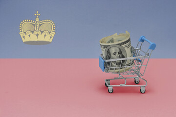 Metal shopping basket with dollar money banknote on the national flag of liechtenstein background. consumer basket concept. 3d illustration