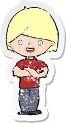 retro distressed sticker of a cartoon man with crossed arms
